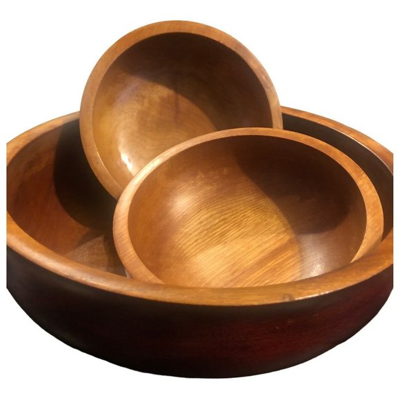 Wooden Serving Bowl w/2 Wooden Salad Bowls, MCM - Picture 1 of 6